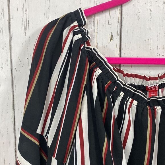 Guess Striped Off The Shoulder Bell Sleeve Blouse - Picture 3 of 16